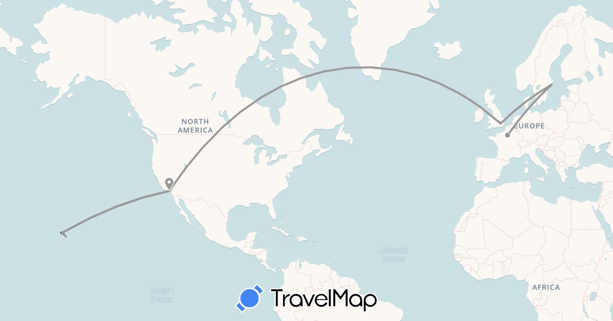 TravelMap itinerary: driving, plane in France, United Kingdom, Sweden, United States (Europe, North America)