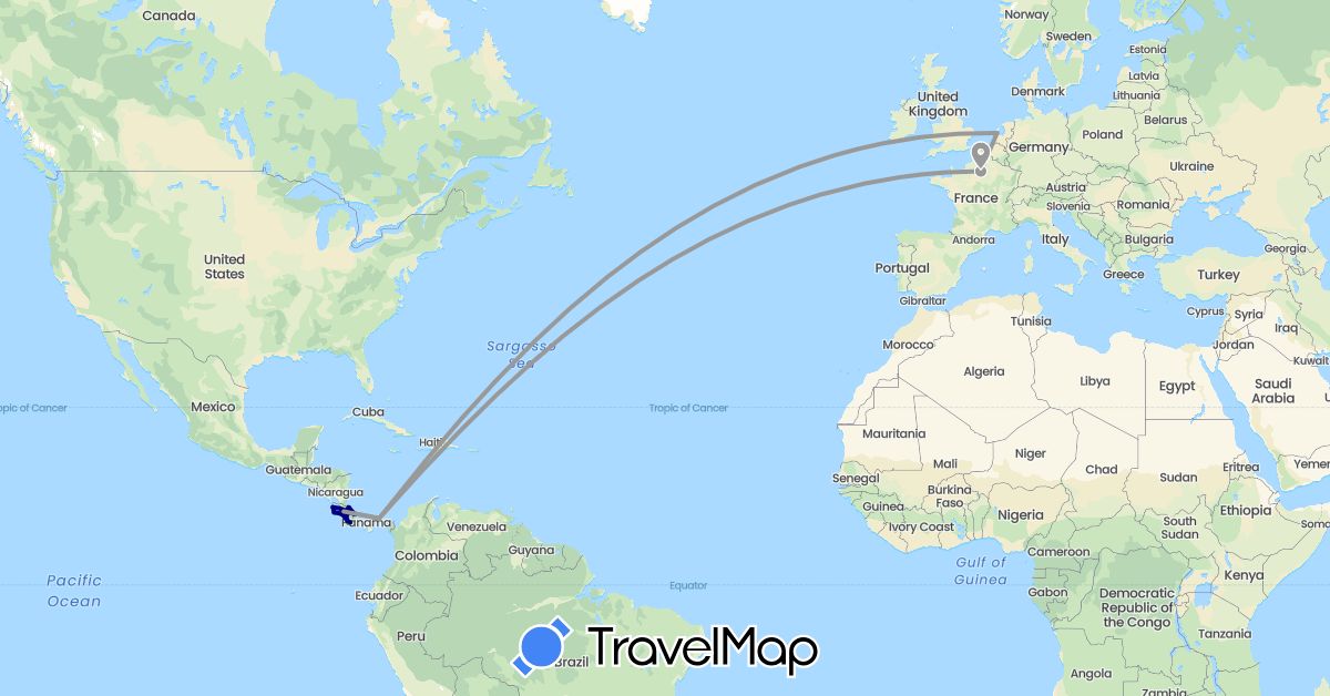 TravelMap itinerary: driving, bus, plane, hiking, boat in Costa Rica, France, Netherlands, Panama (Europe, North America)